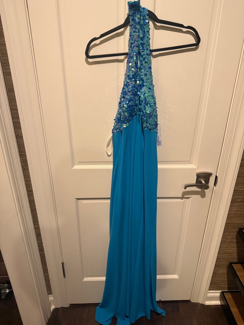 Niki Lavis Turquoise Sequin Halter Evening Dress